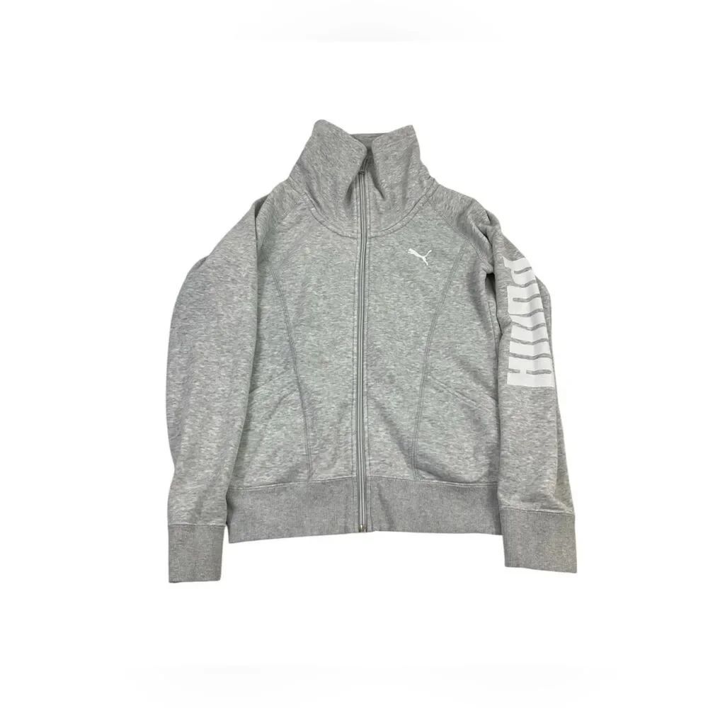 Puma Womens Track Sweatshirt Jacket Gray Full Zip Comfort Sporty Casual S FLAW